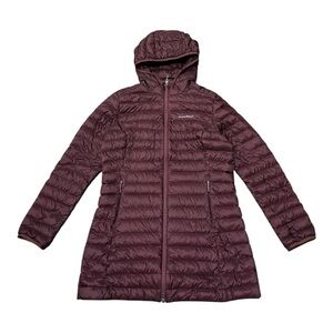Montbell Burgundy Wine Long Down Hooded Puffer Parka Coat Women’s Sz M
